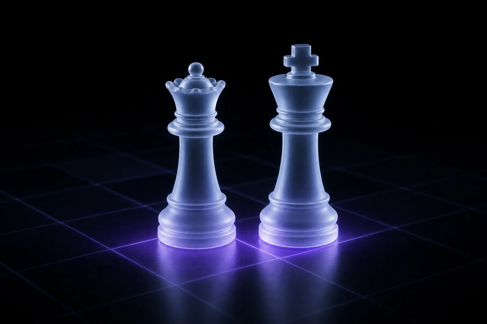 Frosted glass queen and king with purple and blue glow on a dark studio surface