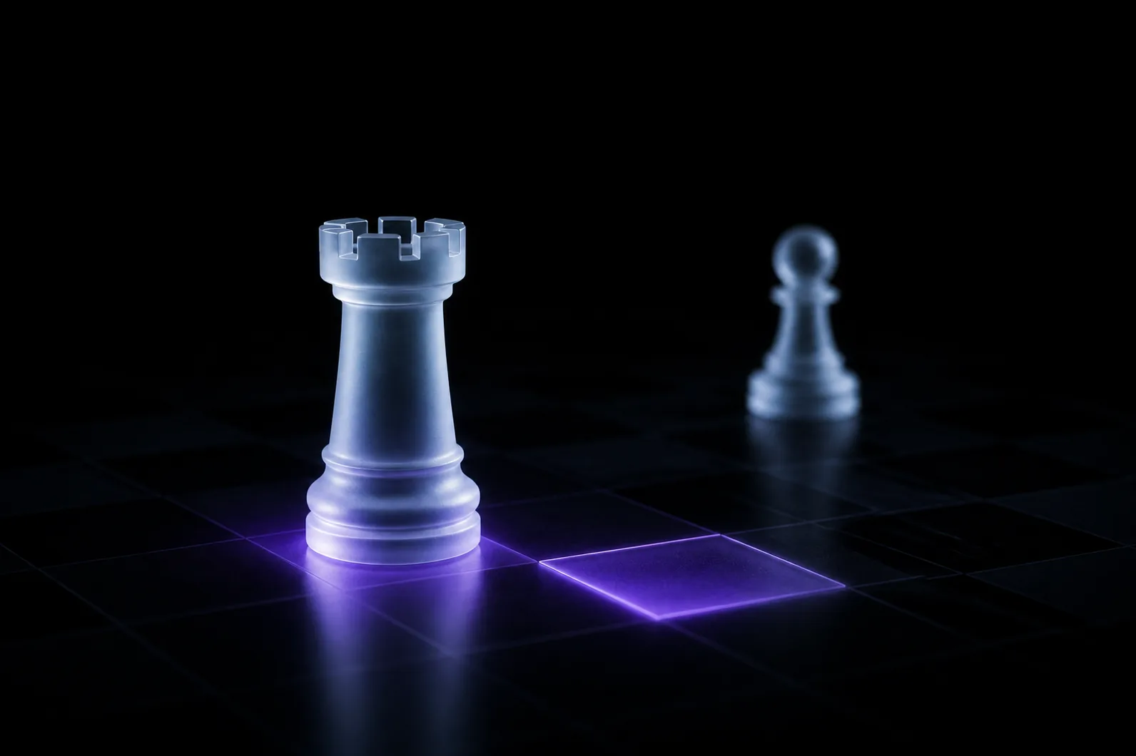 Frosted glass rook with purple underglow on a dark studio surface