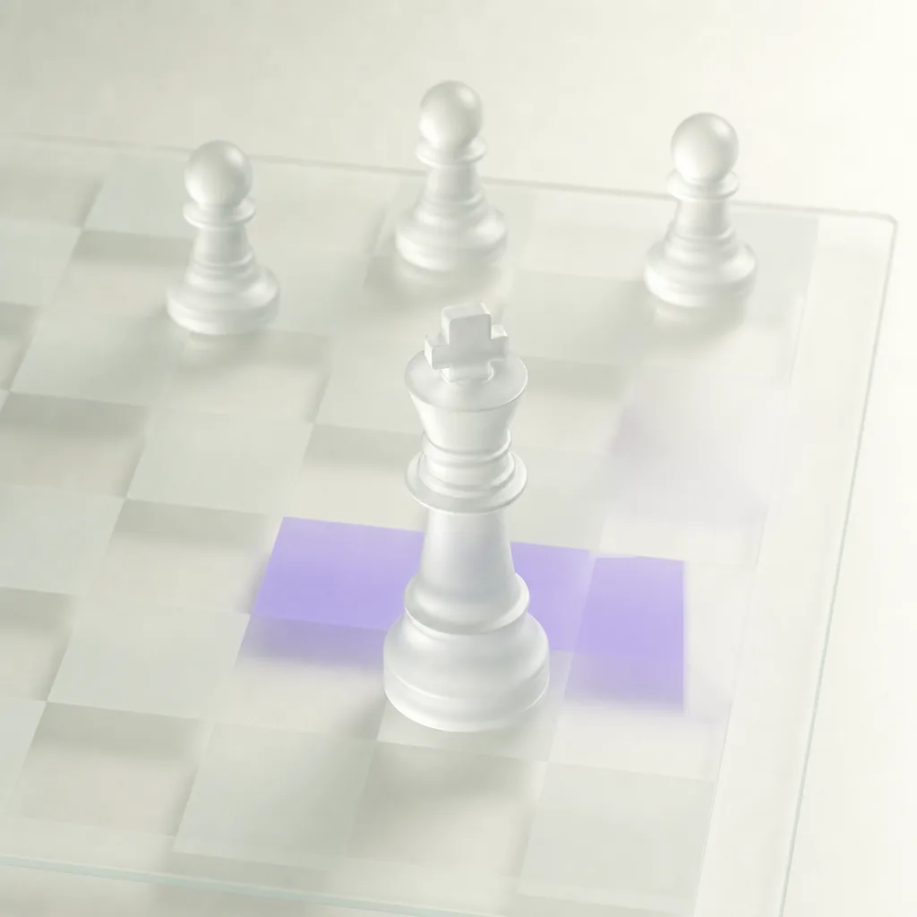 Frosted glass chess king on a board with blurred pawn formation
