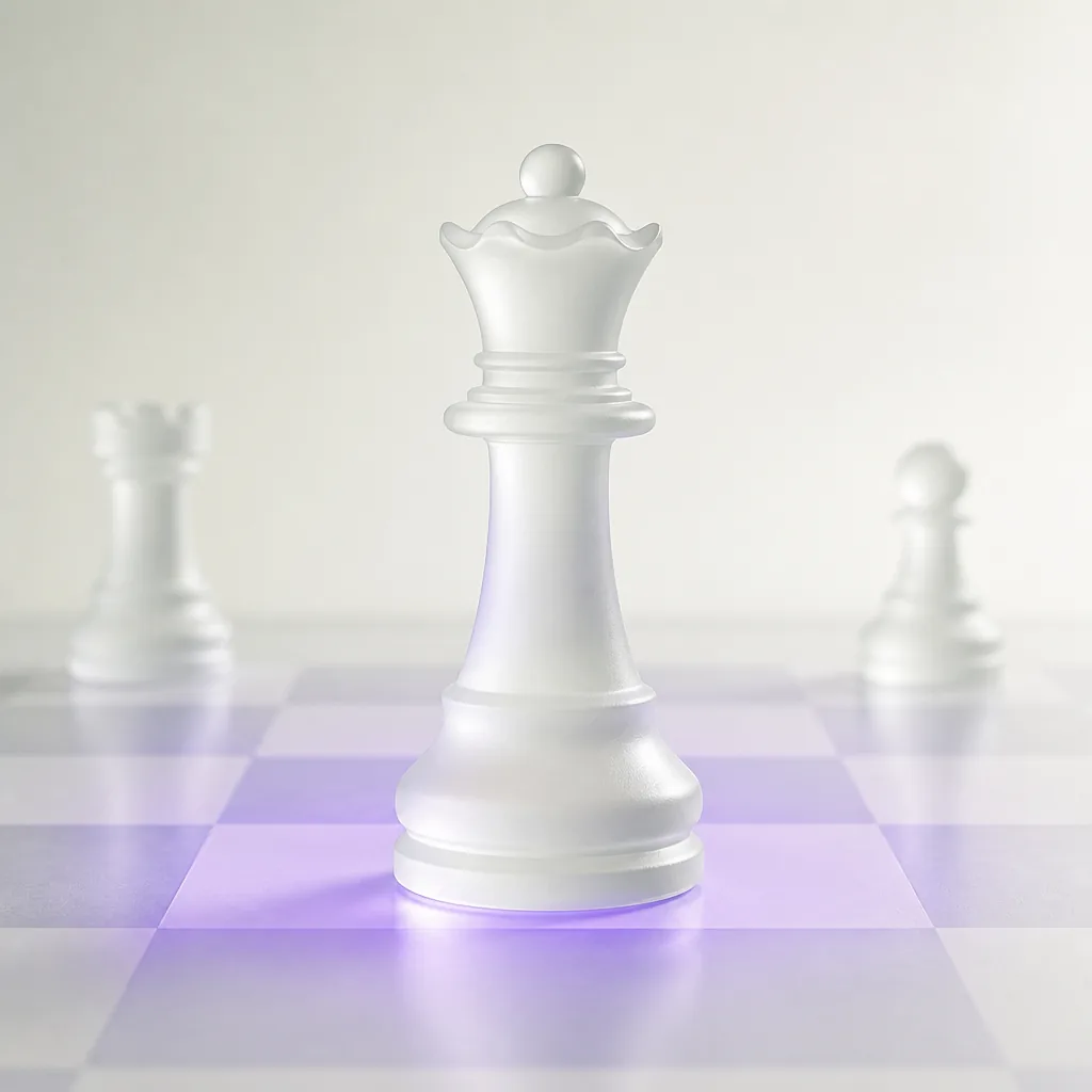 Frosted glass chess queen centered on a board with blurred side pieces