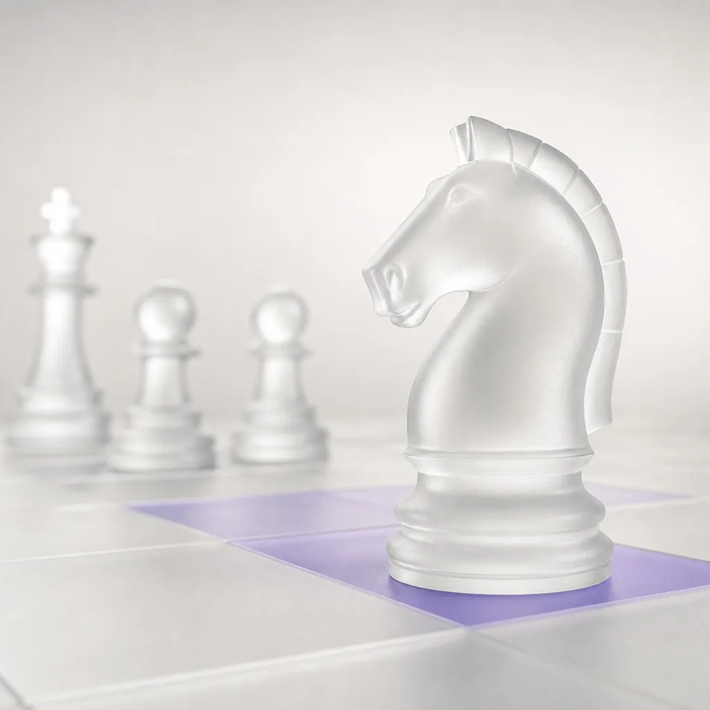 Frosted glass chess knight on a board with blurred pieces behind