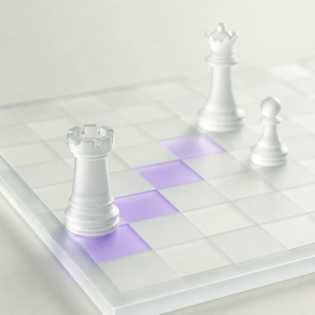 Frosted glass chess rook on a board with blurred queen and pawn